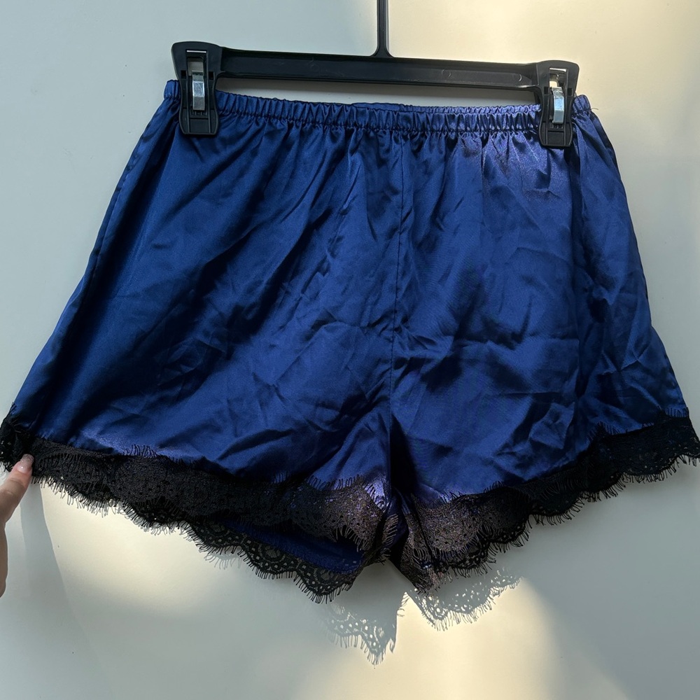 Silk-Look Navy Lace Trim Sleep Shorts